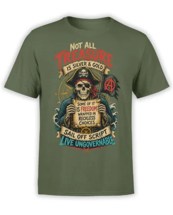 Green T-shirt with a vintage pirate skull, freedom slogans, nautical details, and a rebellious flag