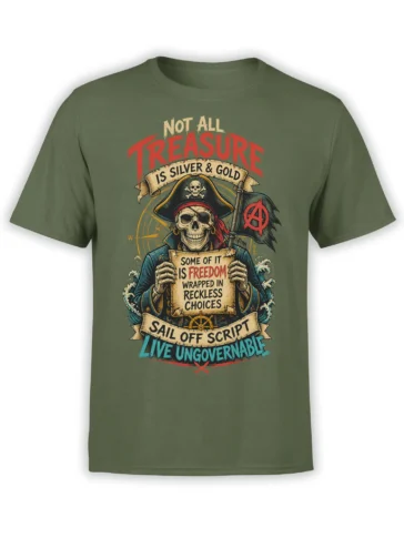 Green T-shirt with a vintage pirate skull, freedom slogans, nautical details, and a rebellious flag