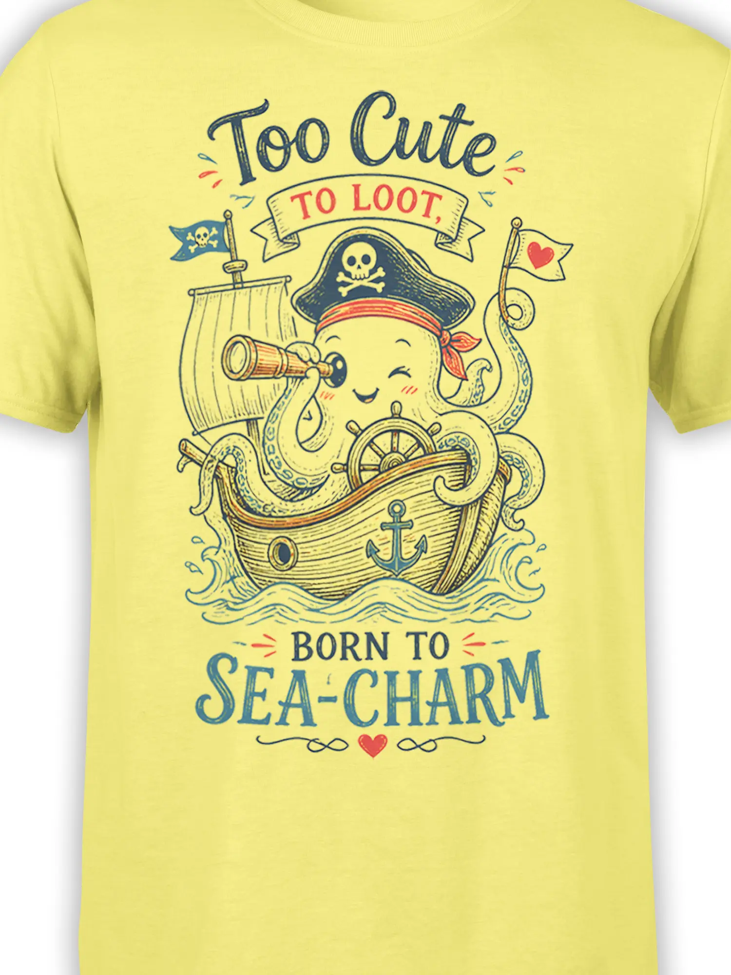 Close-up of yellow pirate octopus artwork with telescope, ship wheel, skull flag, heart flag, and sea-themed text