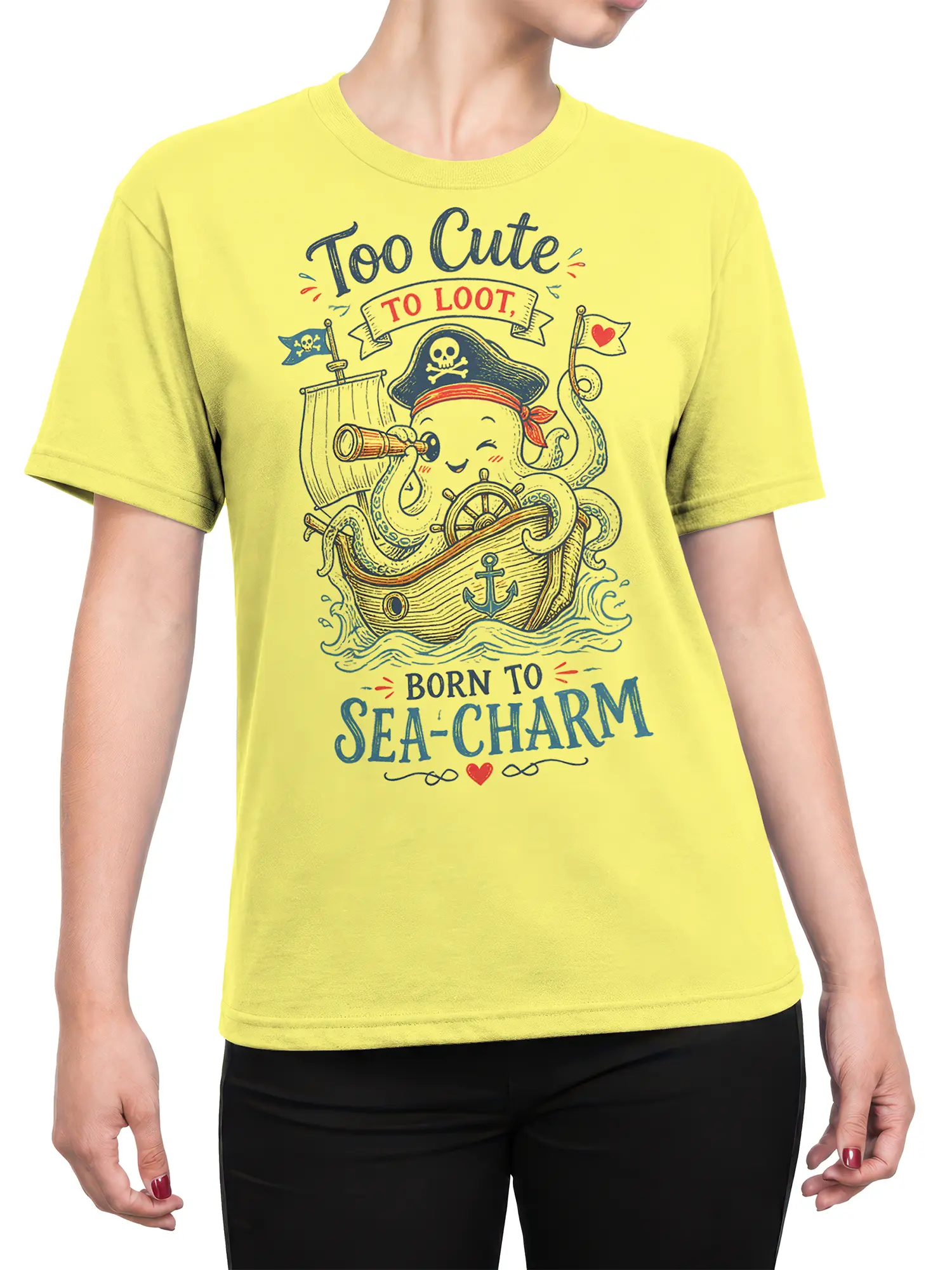 Female torso wearing a yellow pirate octopus T-shirt with colorful nautical artwork and sea-themed lettering