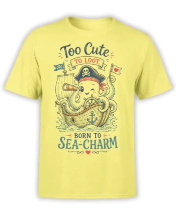 Yellow octopus pirate T-shirt with ship wheel, telescope, flags, waves, and “Born to Sea-Charm” lettering