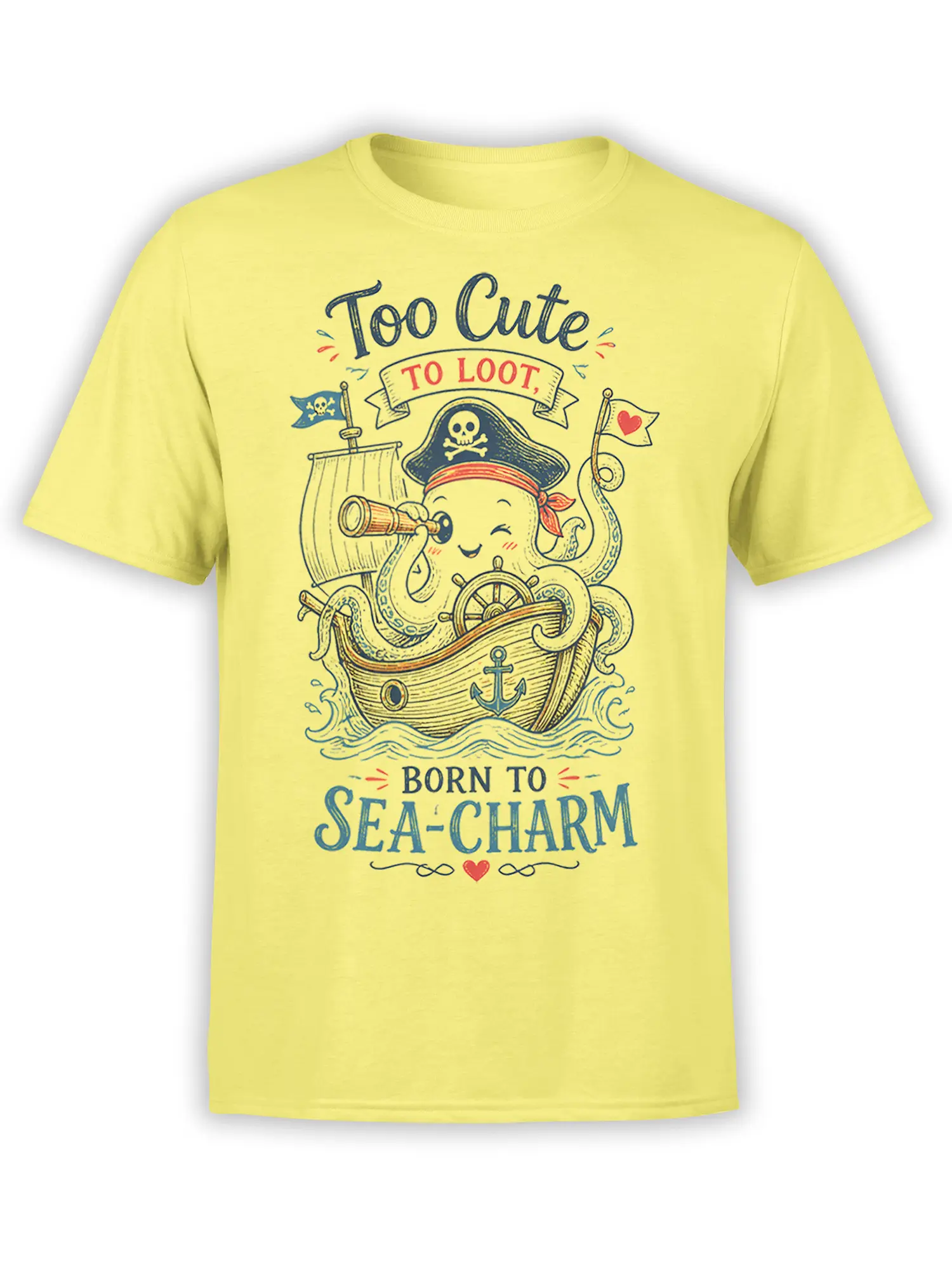 Yellow octopus pirate T-shirt with ship wheel, telescope, flags, waves, and “Born to Sea-Charm” lettering