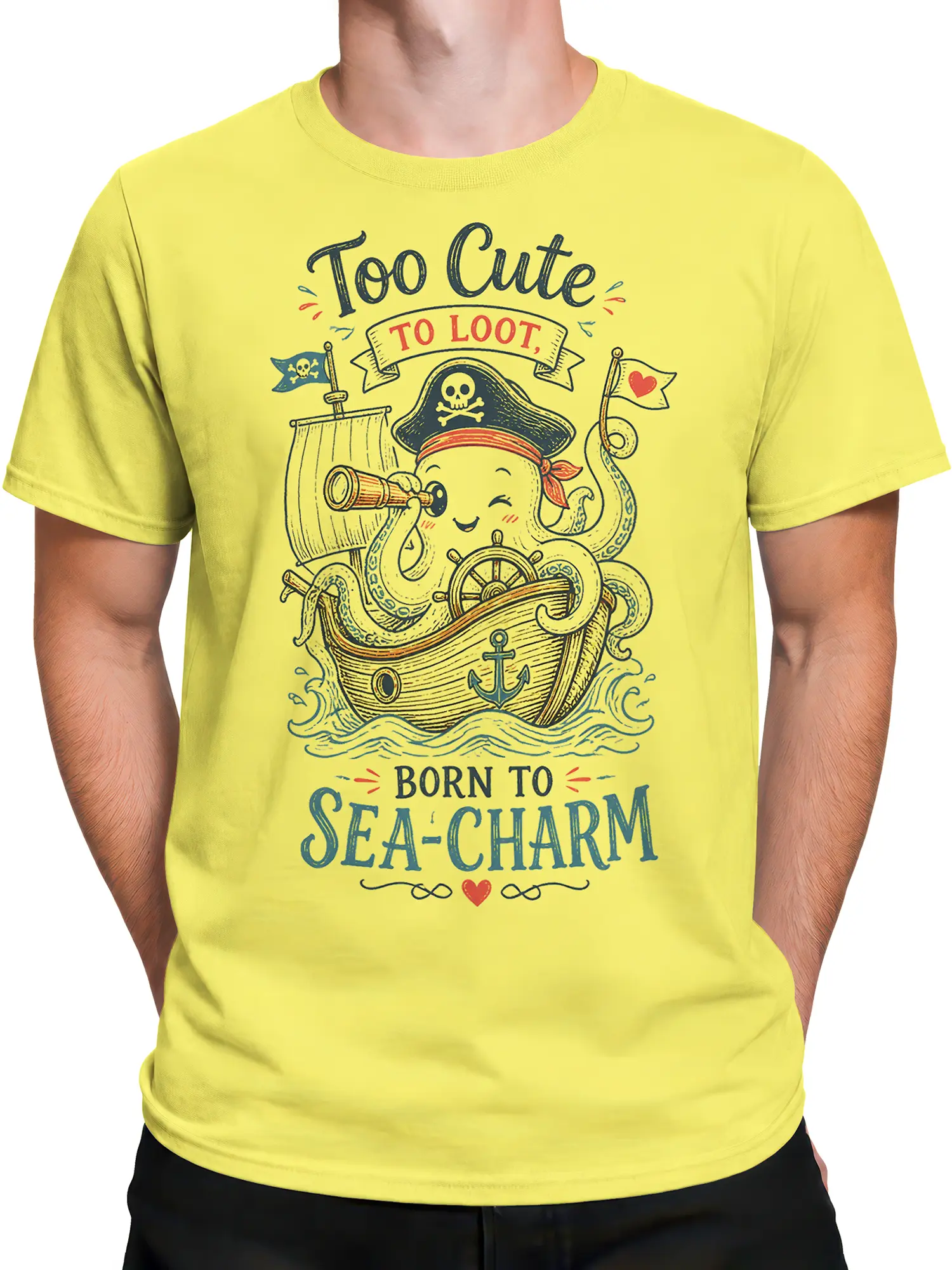 Male torso wearing a yellow octopus pirate T-shirt with ship, waves, anchor, and playful sea-themed artwork