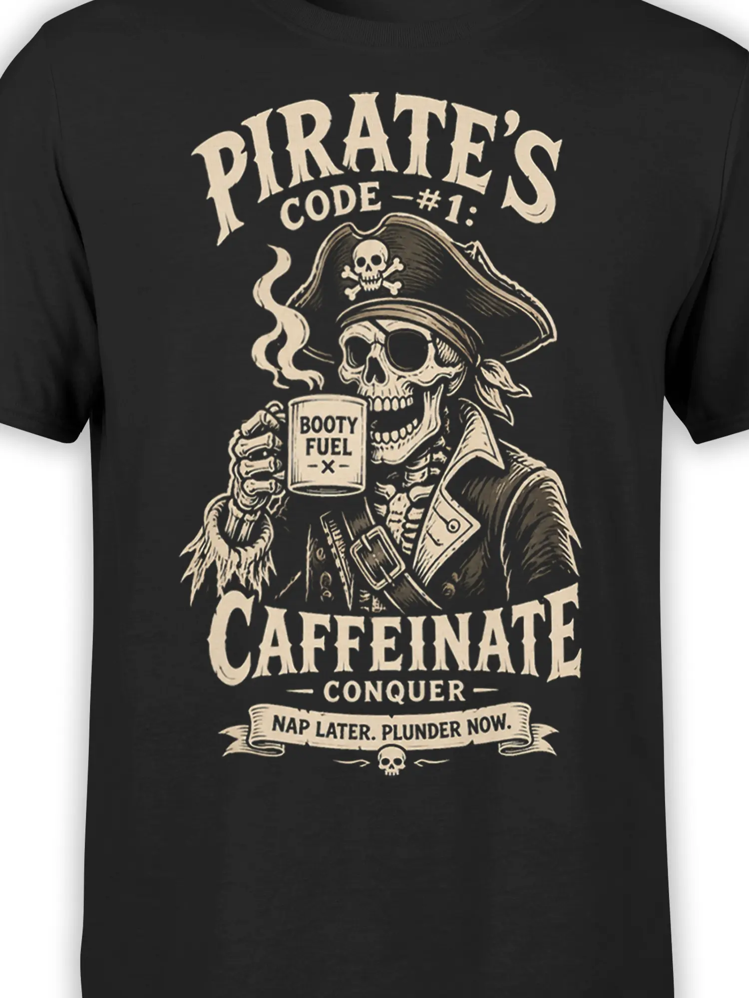 Close-up of pirate skeleton artwork and BOOTY FUEL mug on a black T-shirt
