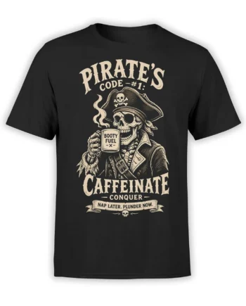 Vintage pirate skeleton holding a BOOTY FUEL mug on a black pirate T-shirt with cream lettering