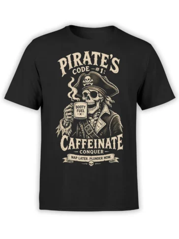 Vintage pirate skeleton holding a BOOTY FUEL mug on a black pirate T-shirt with cream lettering