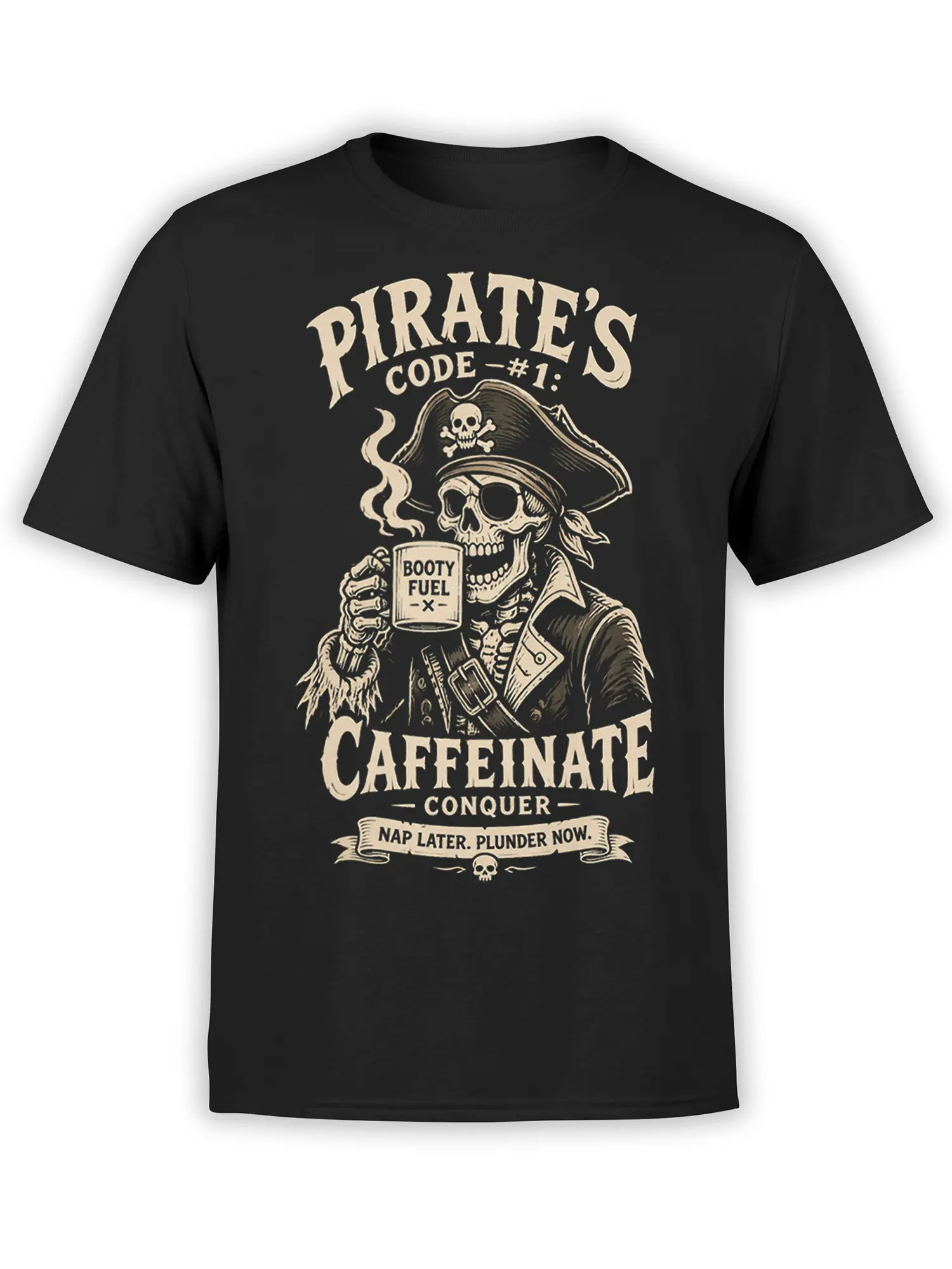 Vintage pirate skeleton holding a BOOTY FUEL mug on a black pirate T-shirt with cream lettering