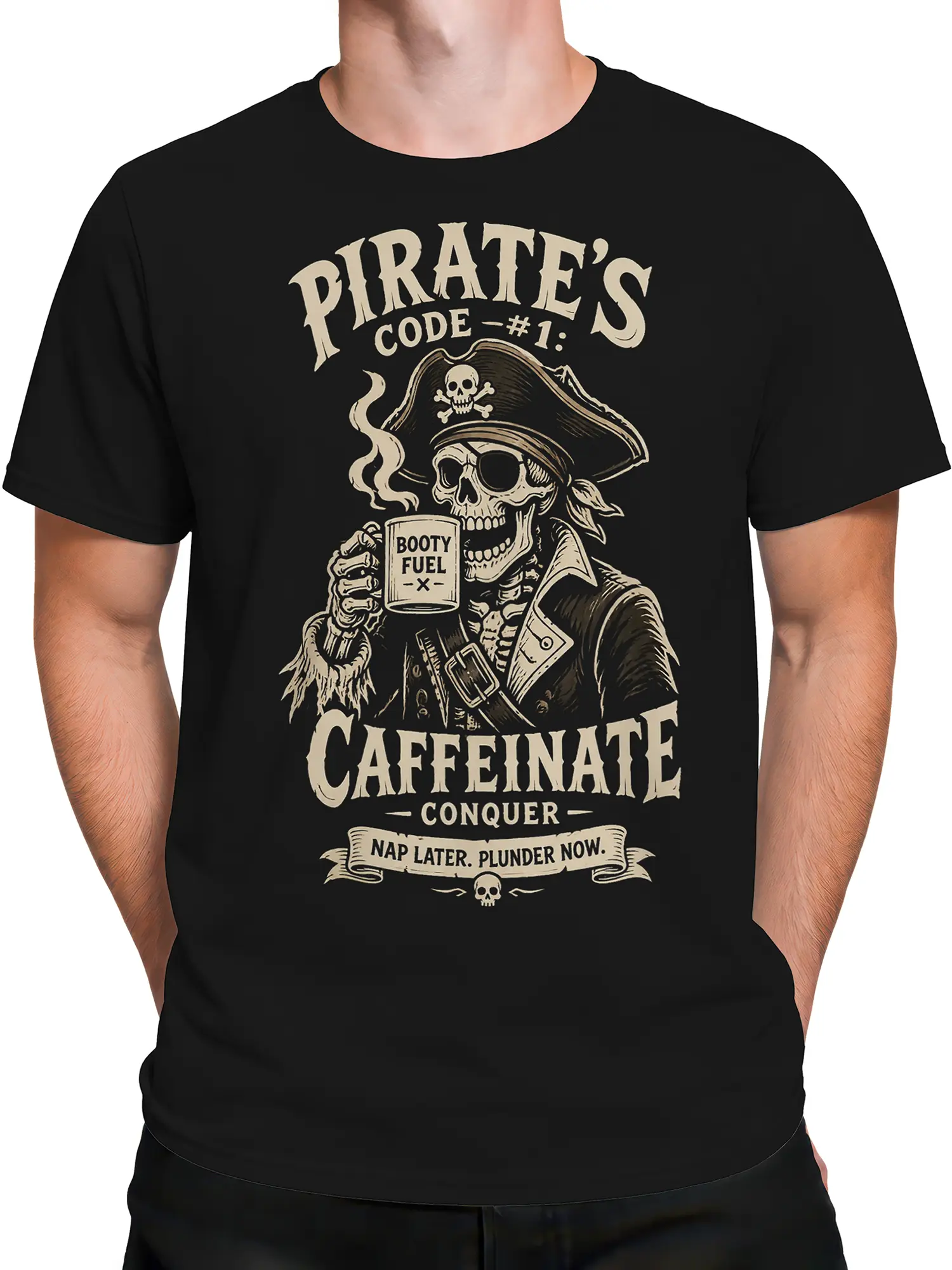 Male torso wearing a black pirate T-shirt with a vintage skeleton and BOOTY FUEL design