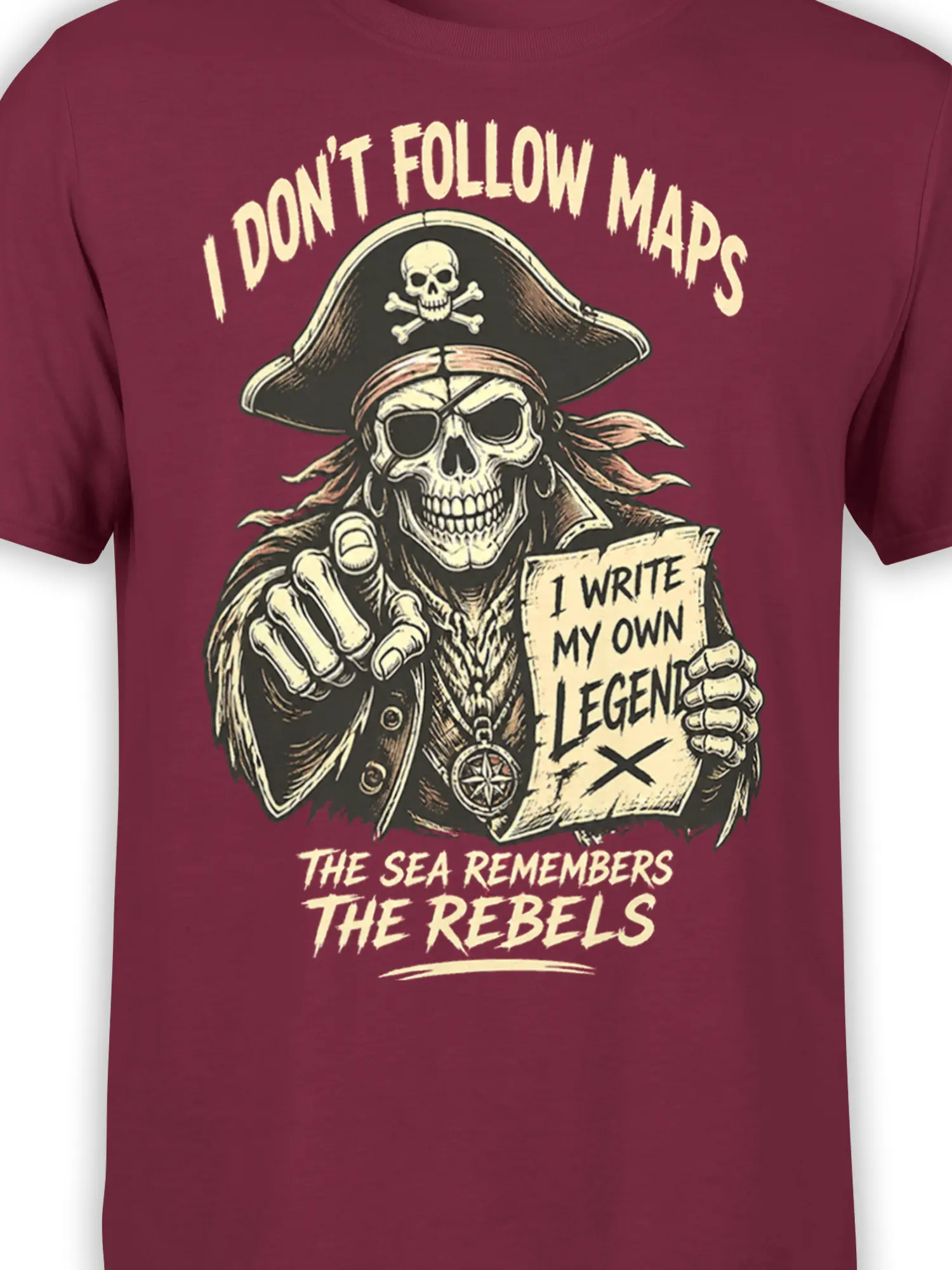 Close-up of the pirate skeleton artwork, skull hat emblem, parchment, and rebel lettering on a burgundy shirt