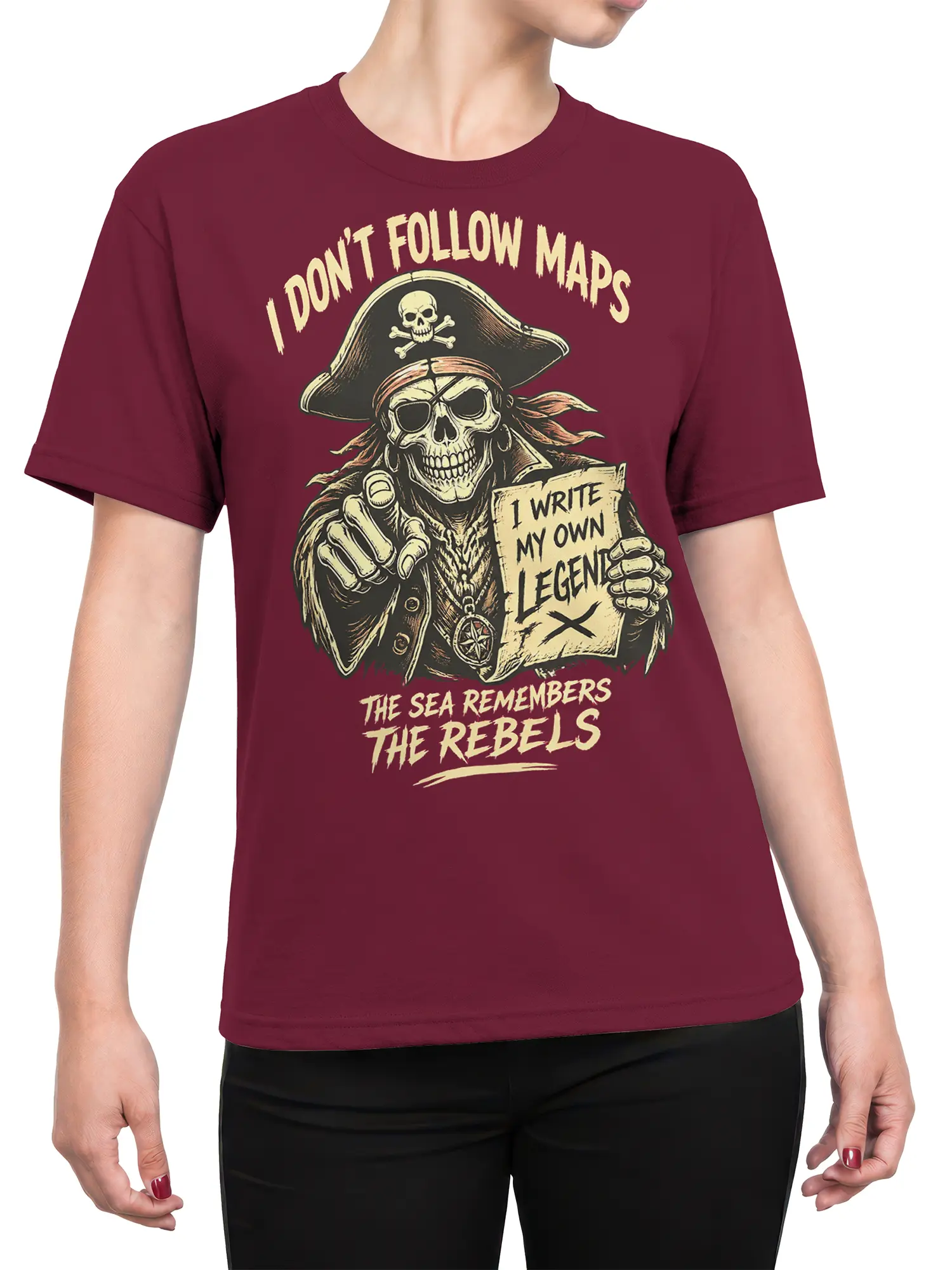 Female torso wearing a burgundy pirate skeleton T-shirt with vintage sea rebel artwork and bold cream lettering