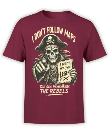 Vintage pirate skeleton captain T-shirt in burgundy with rebellious sea lettering and a legend parchment