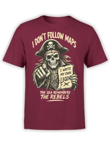 Vintage pirate skeleton captain T-shirt in burgundy with rebellious sea lettering and a legend parchment