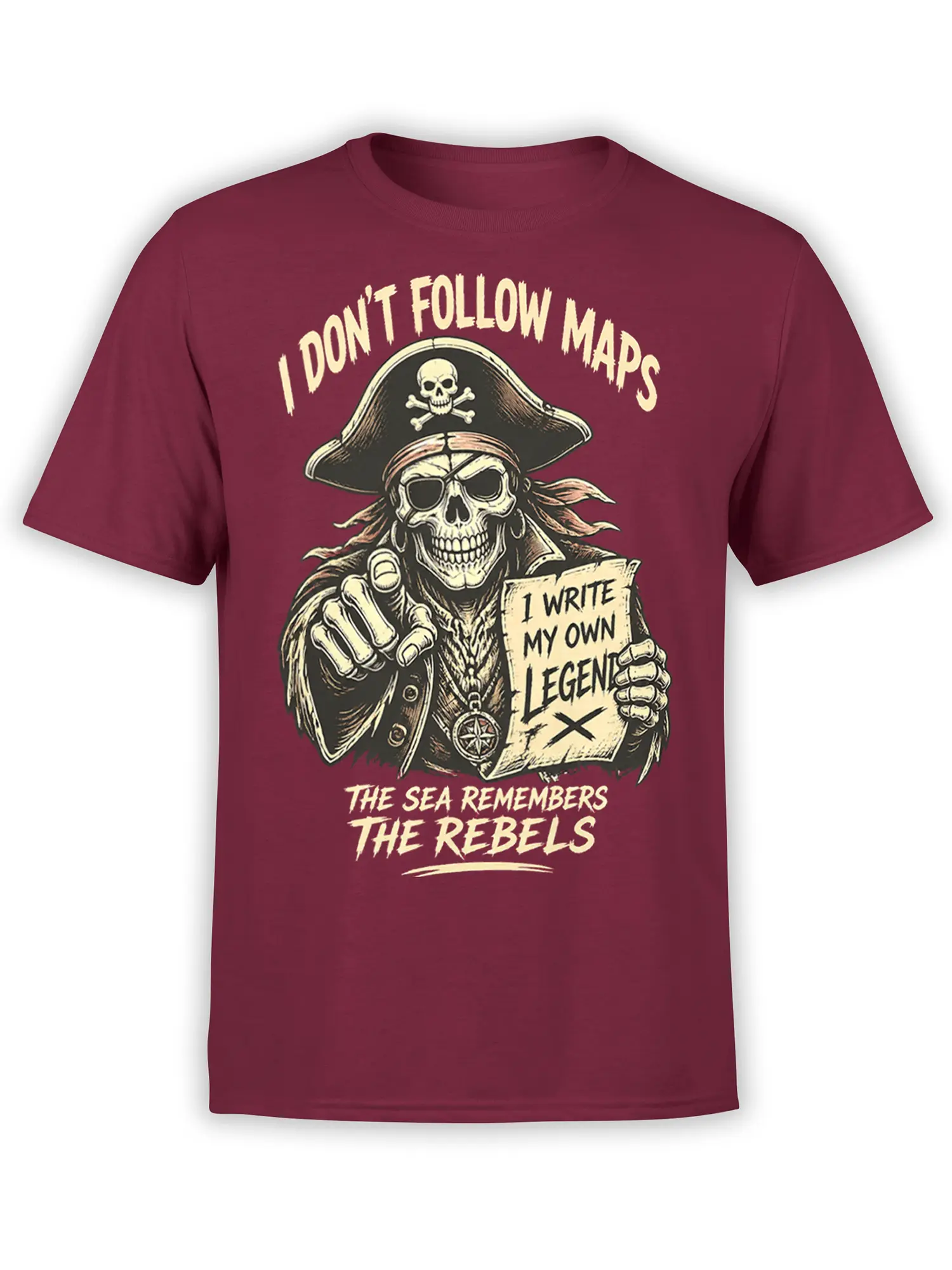 Vintage pirate skeleton captain T-shirt in burgundy with rebellious sea lettering and a legend parchment