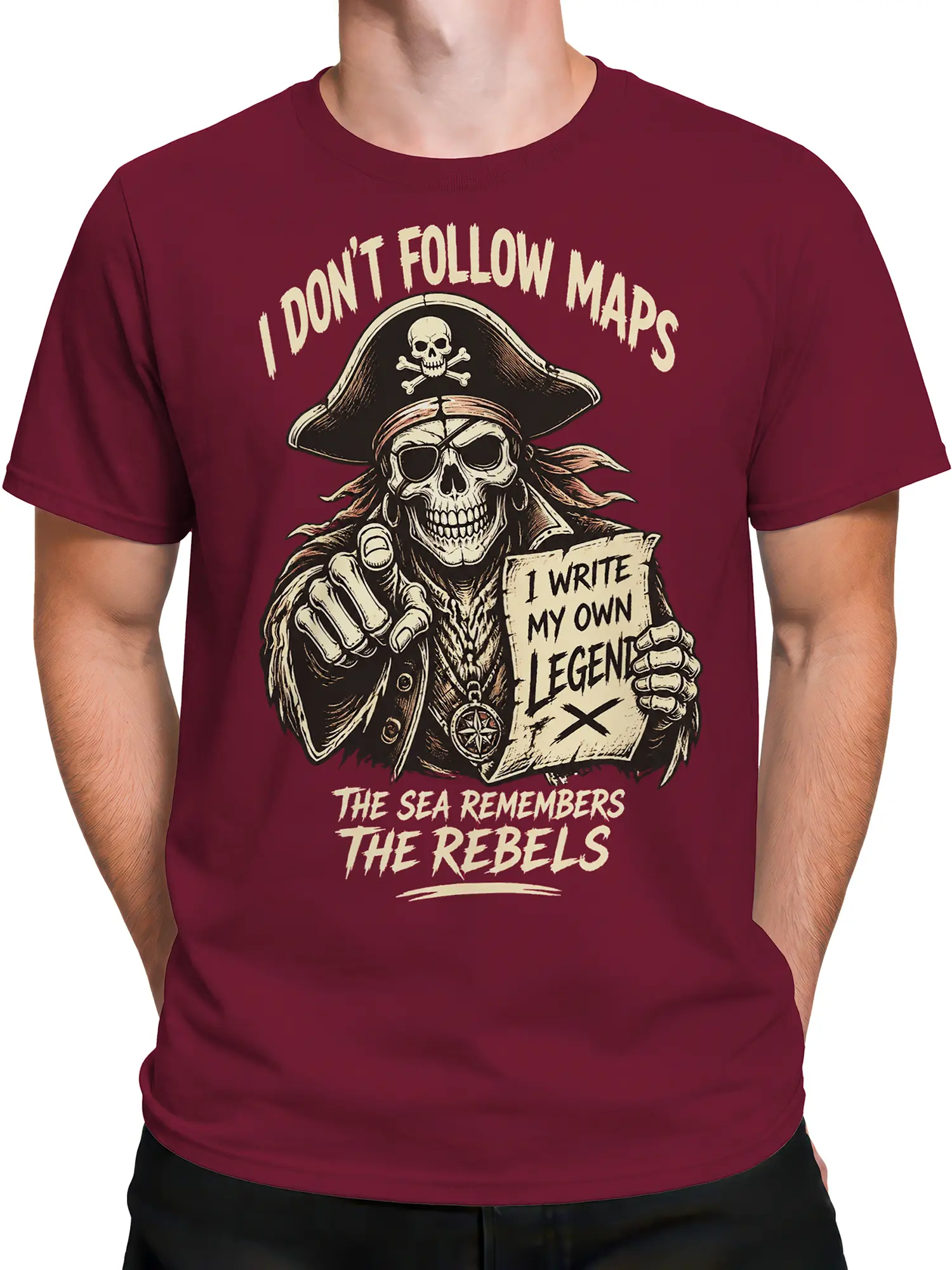 Male torso wearing a burgundy pirate skeleton T-shirt with a vintage captain design and rebel sea message