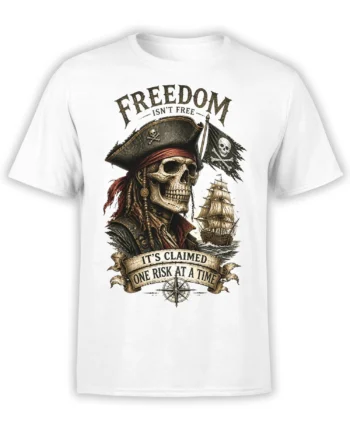 White pirate T-shirt with skeleton captain, black flag, sailing ship, compass, and freedom slogan