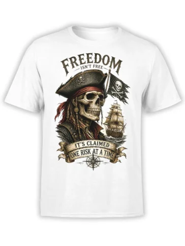 White pirate T-shirt with skeleton captain, black flag, sailing ship, compass, and freedom slogan