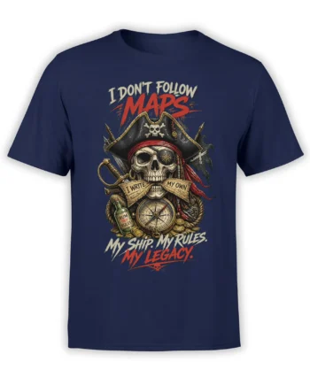 Skeleton pirate captain with compass, rum bottle, treasure, and bold own-rules text on a navy T-shirt