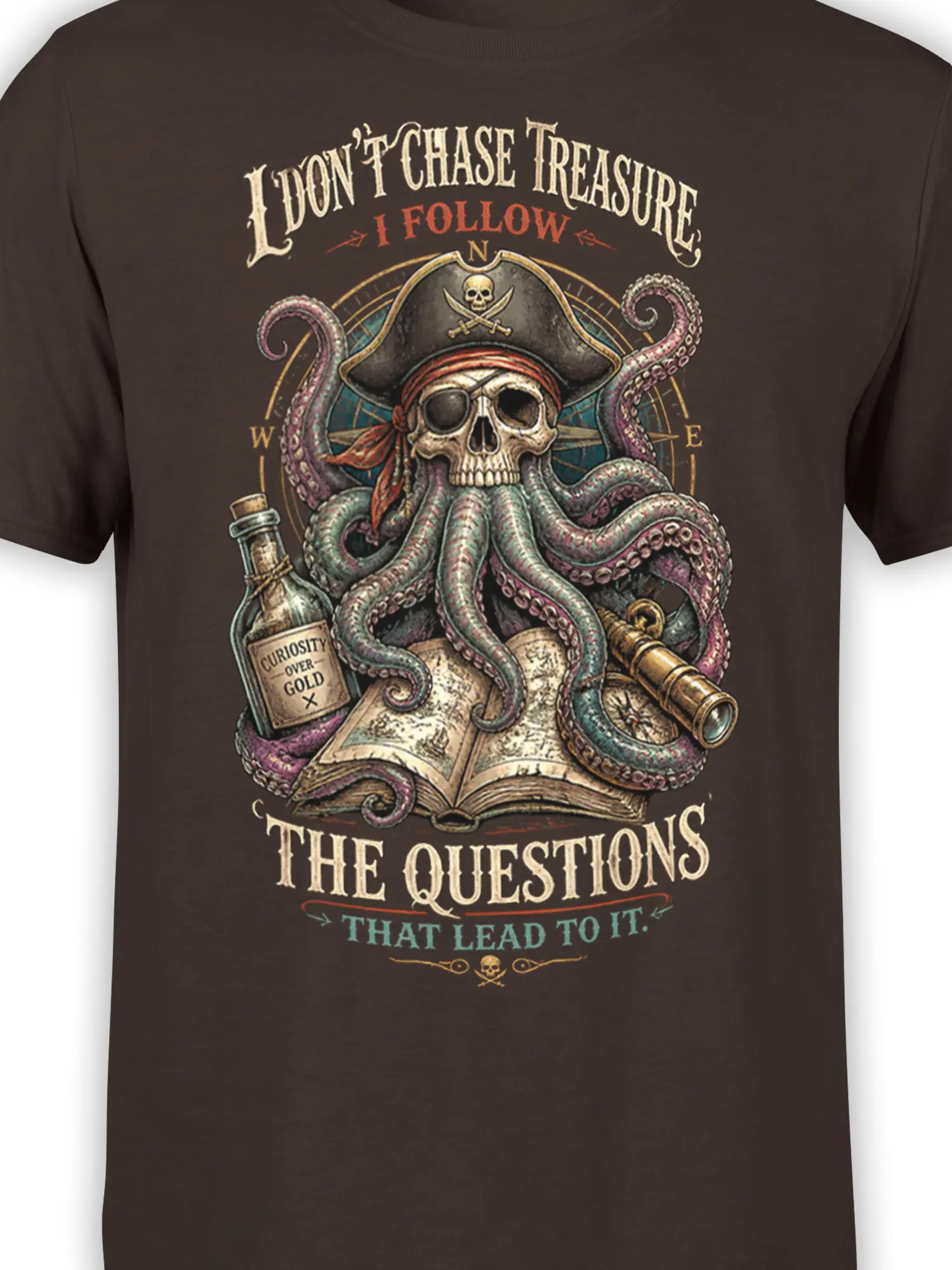 Close-up of brown pirate shirt design with octopus tentacles, skull, map, and nautical details