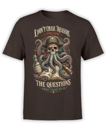 Brown pirate T-shirt with a skull-faced octopus, treasure map, spyglass, and curiosity slogan
