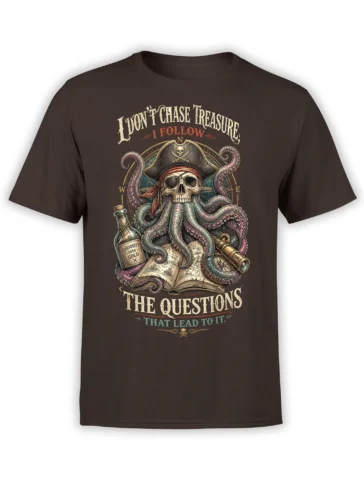 Brown pirate T-shirt with a skull-faced octopus, treasure map, spyglass, and curiosity slogan