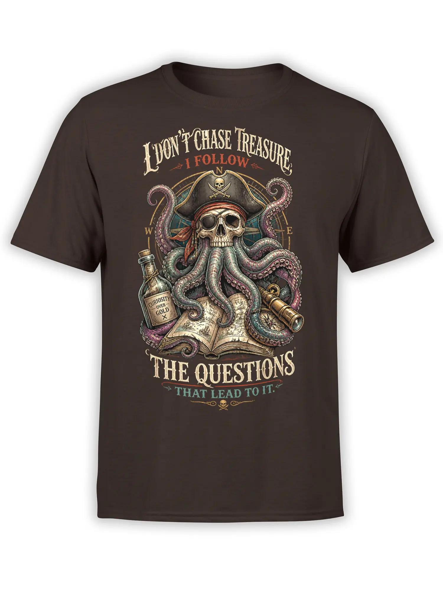 Brown pirate T-shirt with a skull-faced octopus, treasure map, spyglass, and curiosity slogan