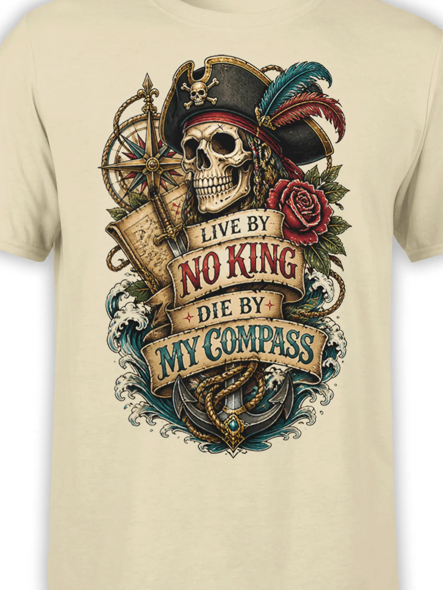 Close-up of pirate skull and compass design with anchor, rose, waves, and banners on beige fabric