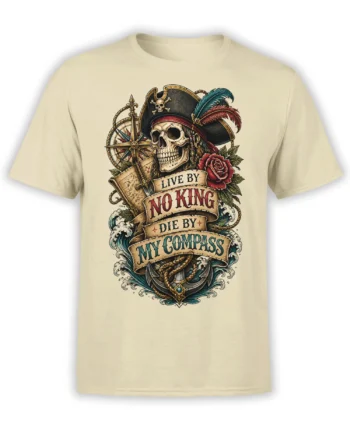 Beige T-shirt with vintage pirate skull, compass, anchor, waves, rose, and nautical banner design