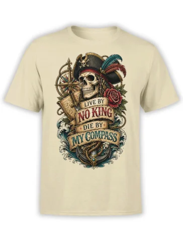 Beige T-shirt with vintage pirate skull, compass, anchor, waves, rose, and nautical banner design