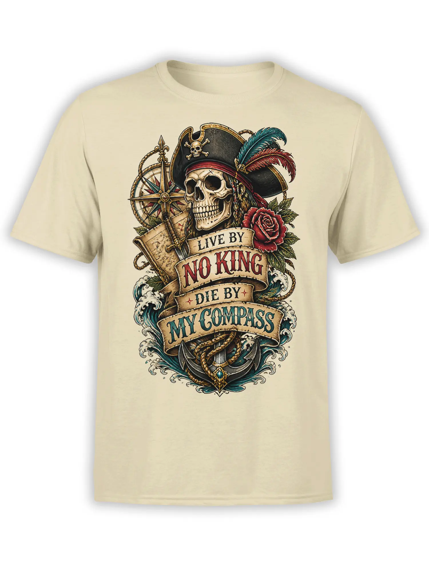 Beige T-shirt with vintage pirate skull, compass, anchor, waves, rose, and nautical banner design