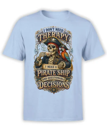 Light blue pirate T-shirt with skull captain, colorful parrot, tea cup, and vintage humorous lettering