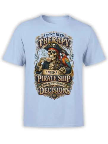 Light blue pirate T-shirt with skull captain, colorful parrot, tea cup, and vintage humorous lettering