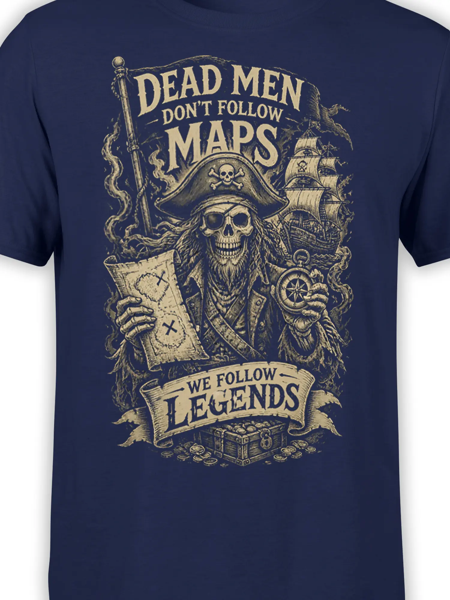 Close-up of navy pirate graphic showing the skeleton captain, treasure map, compass, ship, and antique lettering
