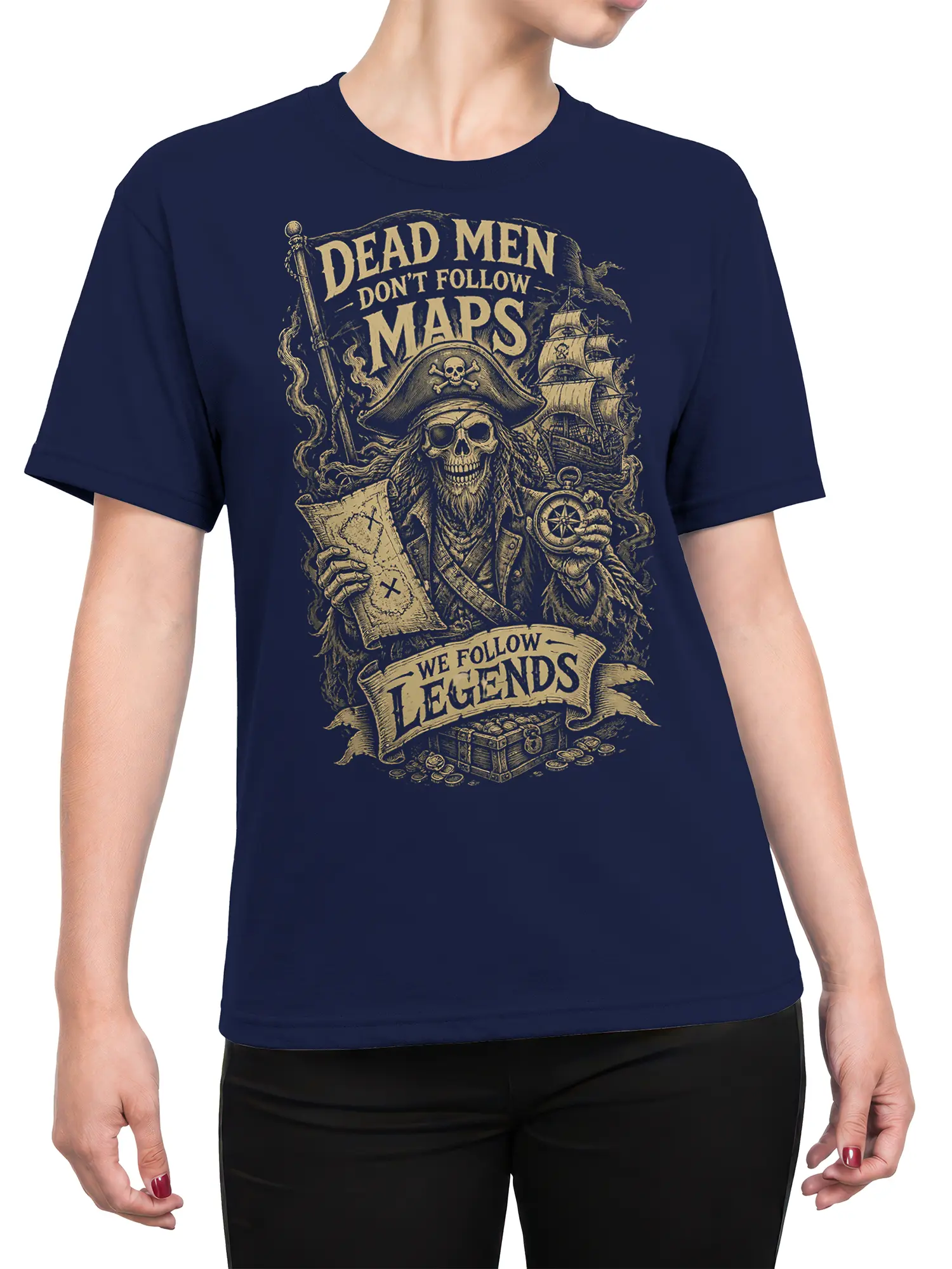 Female torso wearing a navy pirate T-shirt with a skeleton captain, compass, treasure map, and sailing ship