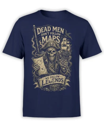 Vintage pirate skeleton T-shirt in navy with a treasure map, compass, sailing ship, and legend lettering