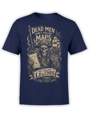 Vintage pirate skeleton T-shirt in navy with a treasure map, compass, sailing ship, and legend lettering