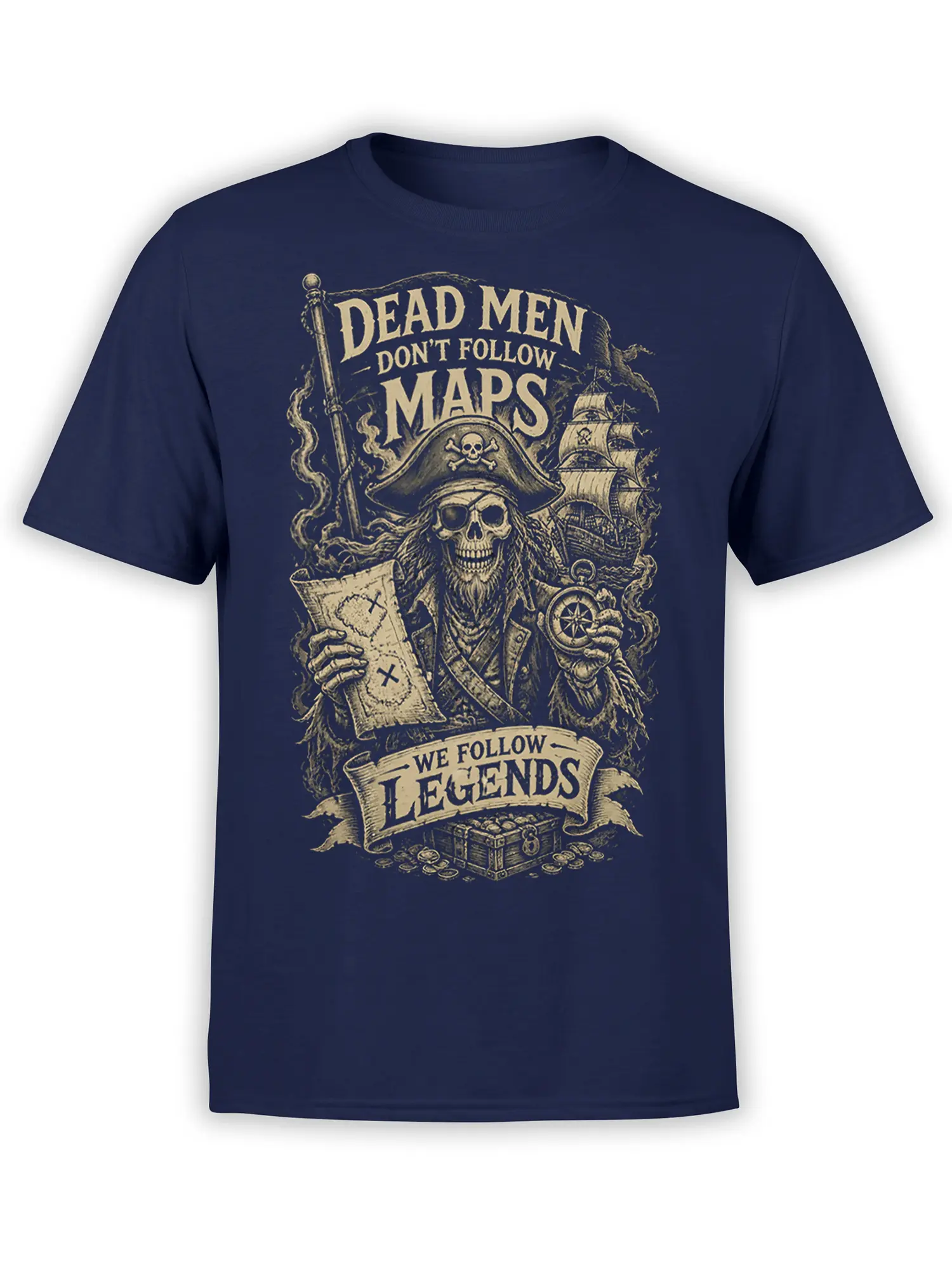 Vintage pirate skeleton T-shirt in navy with a treasure map, compass, sailing ship, and legend lettering