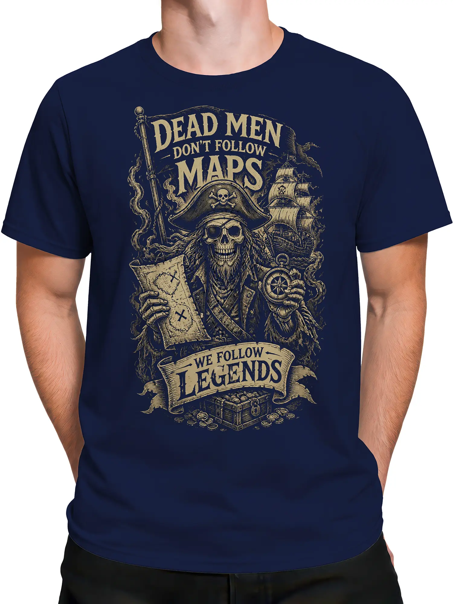 Male torso wearing a navy pirate T-shirt with a skeleton captain, treasure map, compass, and ship