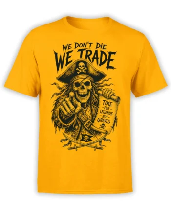 Orange pirate skeleton T-shirt with crossed swords, skull hat, map, and bold legendary lettering