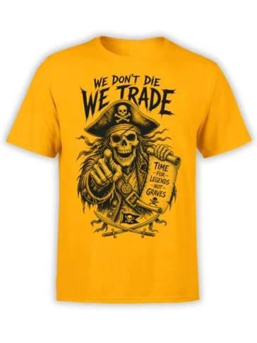 Orange pirate skeleton T-shirt with crossed swords, skull hat, map, and bold legendary lettering