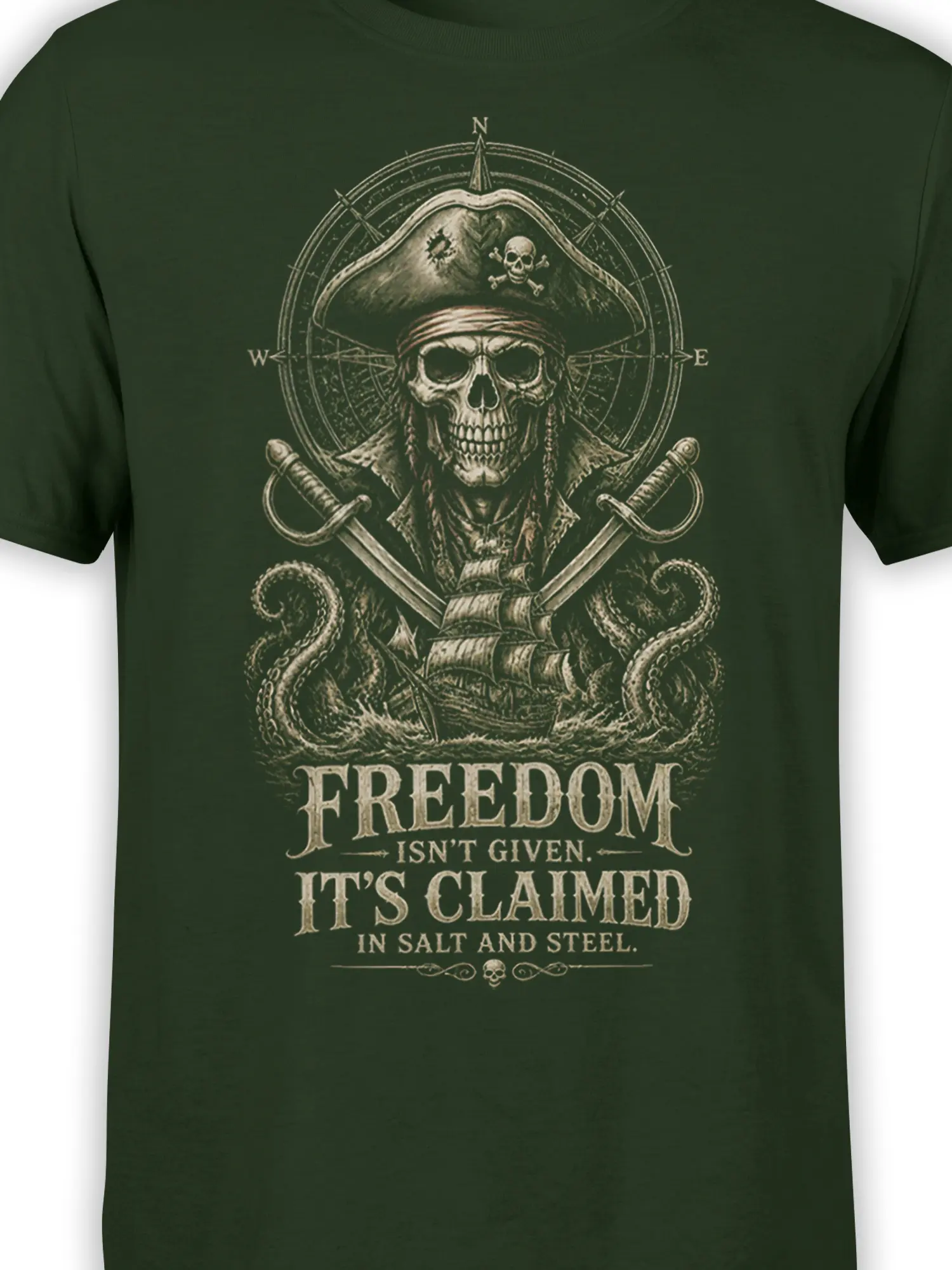 Close-up of skeleton pirate artwork with crossed swords, compass details, tentacles, and lettering on dark green fabric