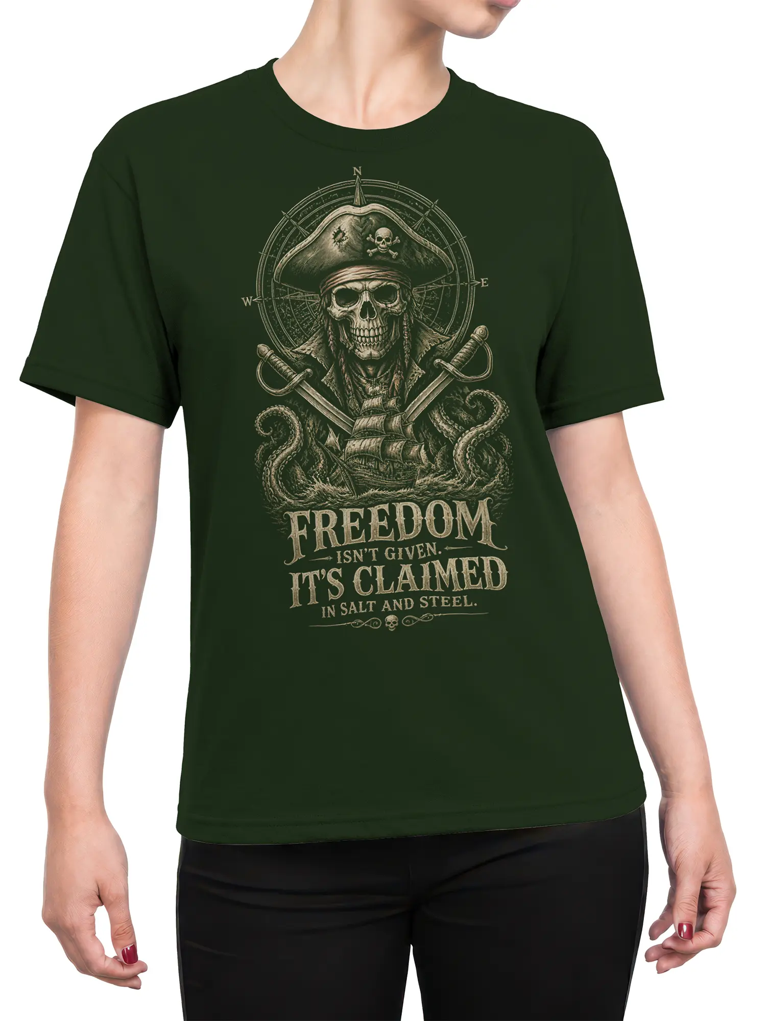 Female torso wearing a dark green pirate T-shirt with skeleton captain artwork, crossed swords, tentacles, and freedom lettering