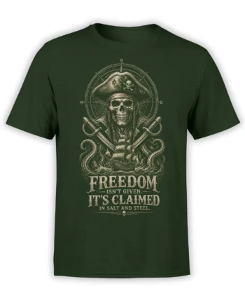 Dark green pirate T-shirt with skeleton captain, crossed swords, compass rose, tentacles, and freedom quote