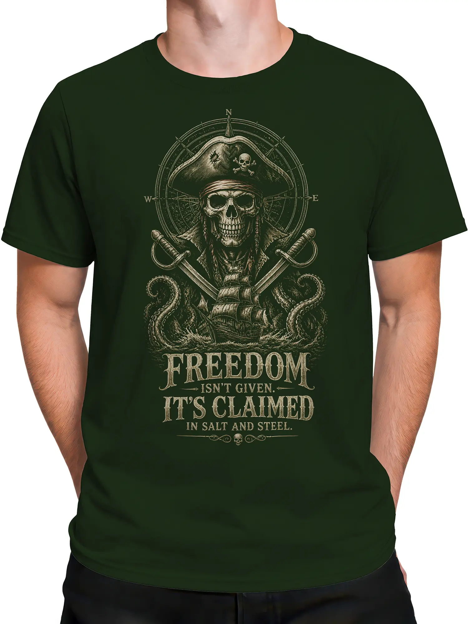 Male torso wearing a dark green pirate T-shirt with skeleton captain, crossed swords, tentacles, and nautical freedom artwork