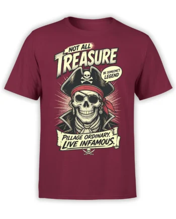 Burgundy pirate skull T-shirt with vintage lettering, a grinning captain, red bandana, and crossed bones