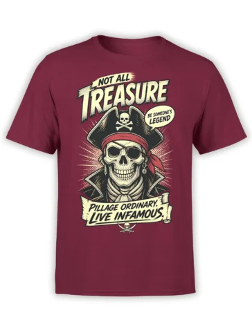 Burgundy pirate skull T-shirt with vintage lettering, a grinning captain, red bandana, and crossed bones