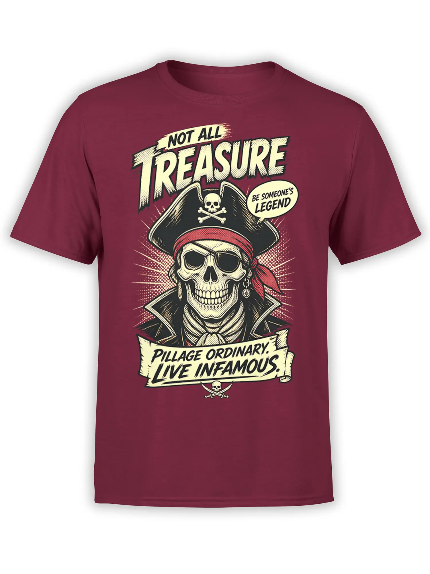 Burgundy pirate skull T-shirt with vintage lettering, a grinning captain, red bandana, and crossed bones