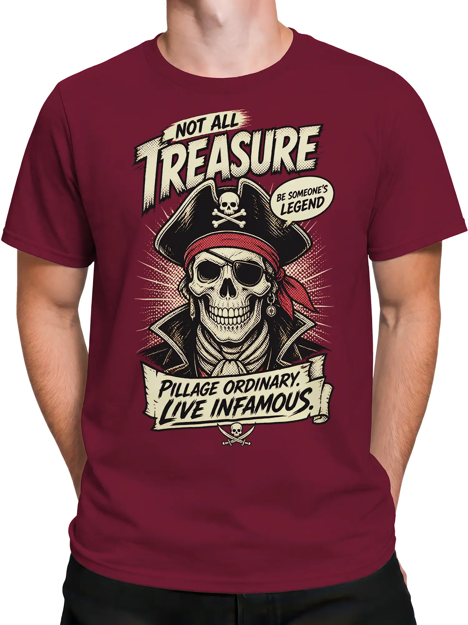 Male torso wearing a burgundy pirate skull T-shirt with a vintage captain design and crossed bones