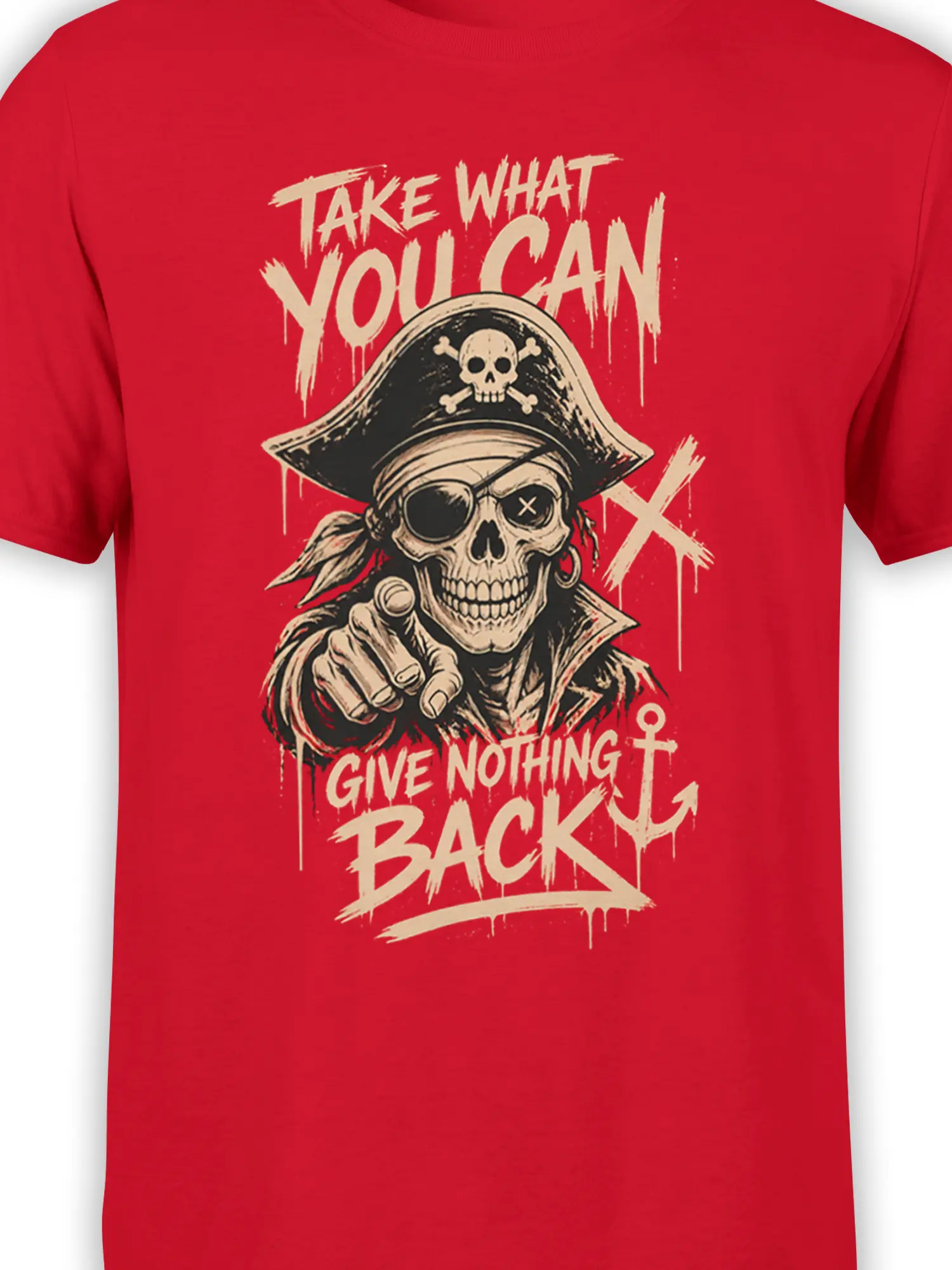 Close-up of red pirate T-shirt design with skeleton captain, eyepatch, anchor, and rough cream lettering