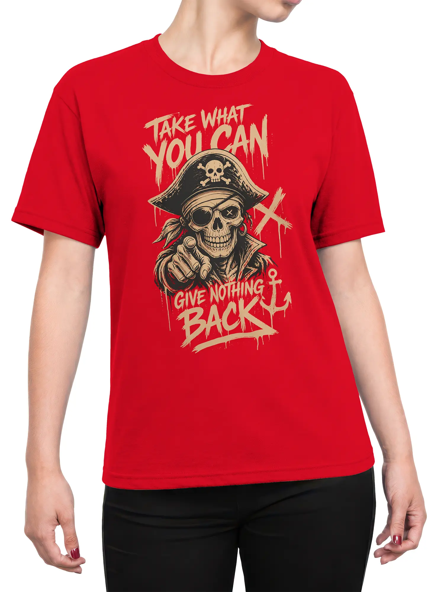Female torso wearing a red pirate T-shirt with a skeleton captain and defiant distressed lettering