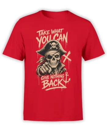 Red pirate T-shirt with a grinning skeleton captain, eyepatch, anchor, and distressed cream lettering